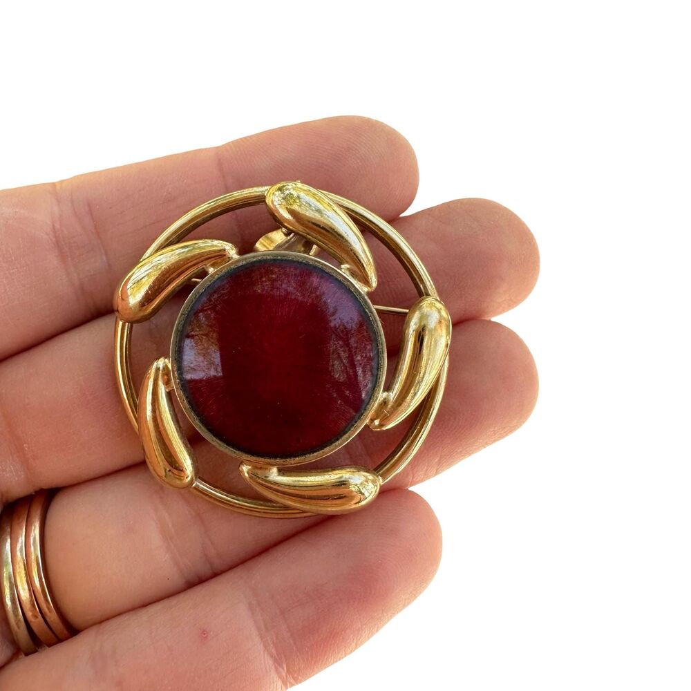 Vintage gold plated red enamel center brooch pendant